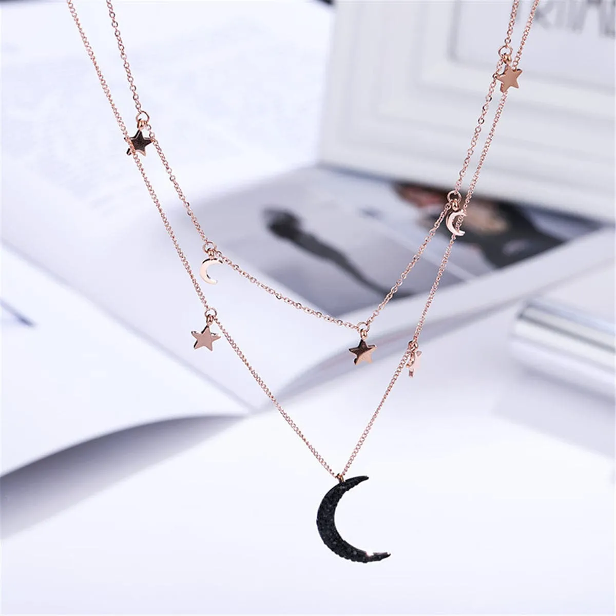Black Cubic Zirconia & 18K Rose Gold-Plated Moon & Sun Layered Necklace