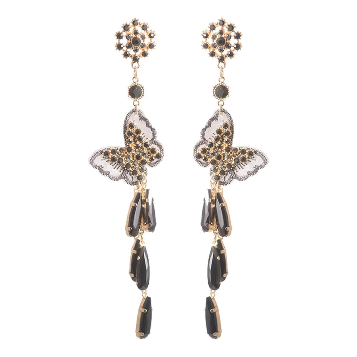 Black Cubic Zirconia & Black Crystal Butterfly Tassel Drop Earrings