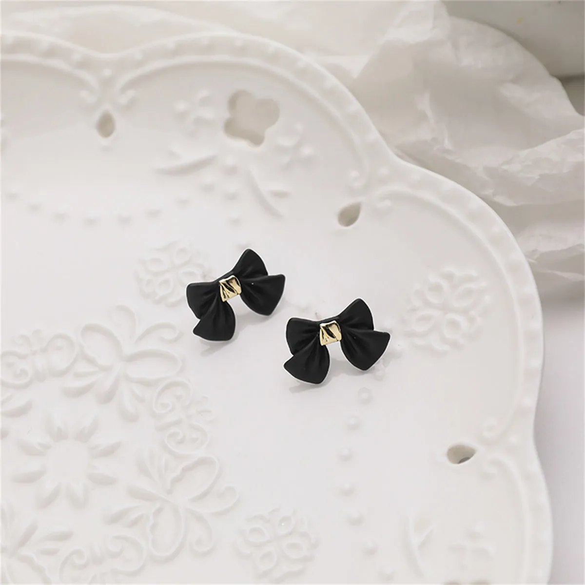 Black Enamel & 18K Gold-Plated Bow Stud Earrings