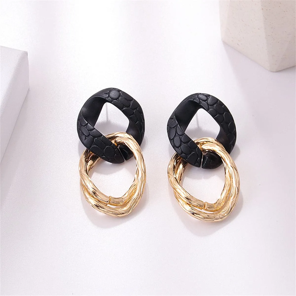 Black Enamel & 18K Gold-Plated Cable Link Round Drop Earrings