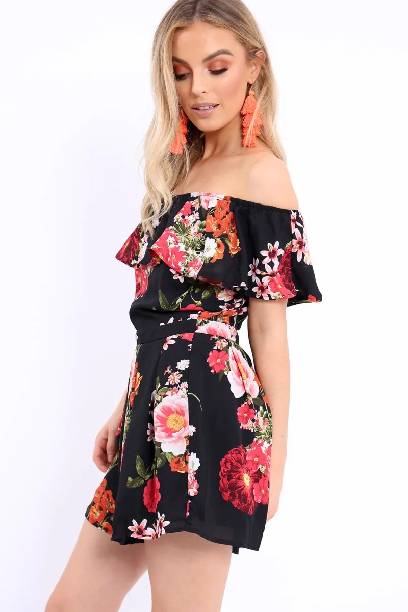 Black Floral Bardot Playsuit with Frill Detail - Raine