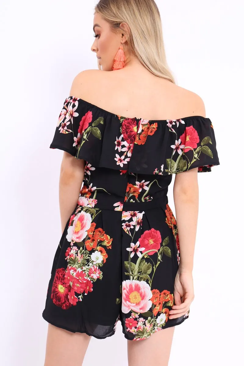 Black Floral Bardot Playsuit with Frill Detail - Raine