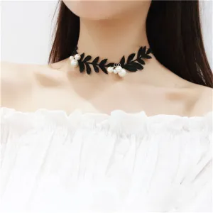 Black Lace & Pearl Leaf Choker Necklace