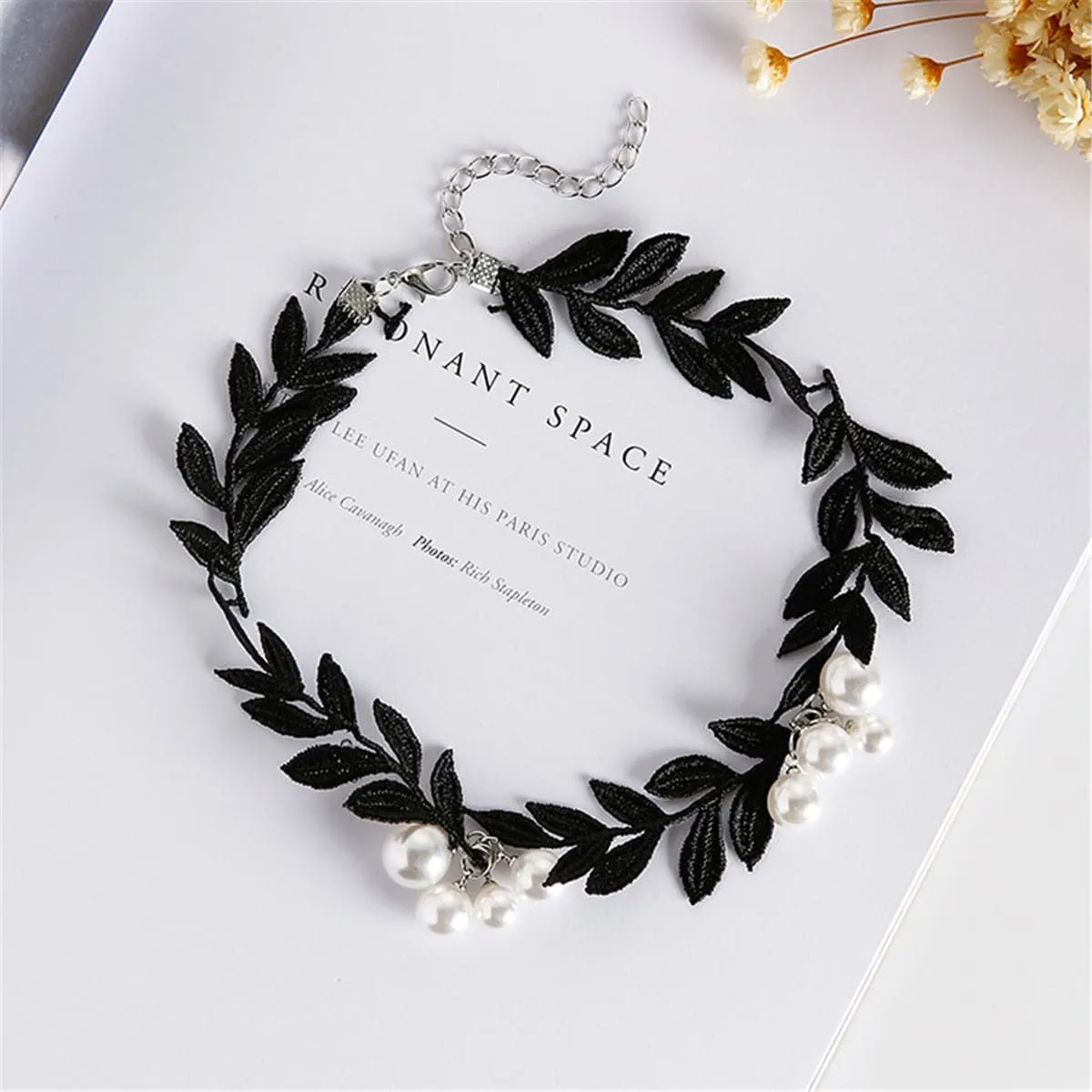 Black Lace & Pearl Leaf Choker Necklace
