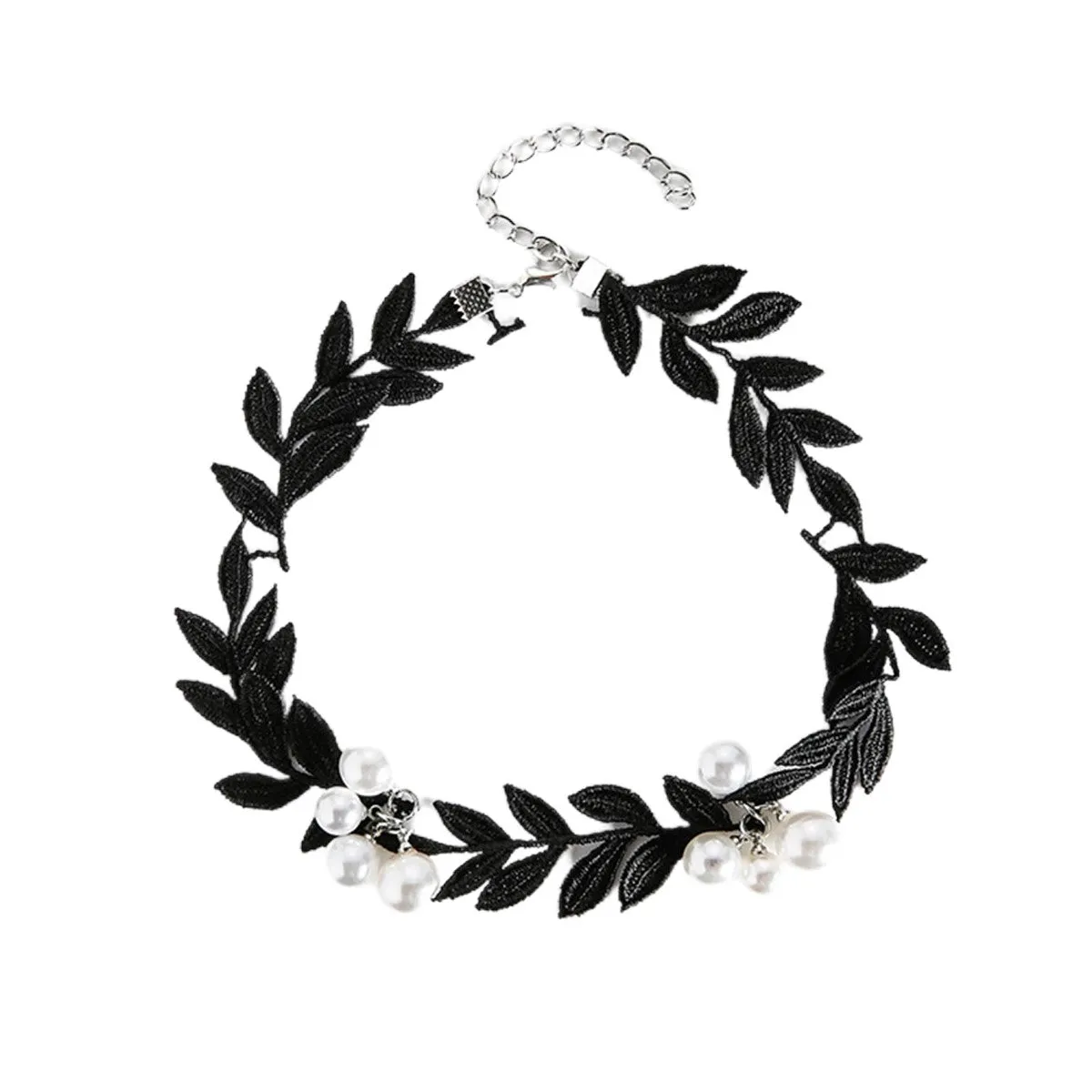 Black Lace & Pearl Leaf Choker Necklace