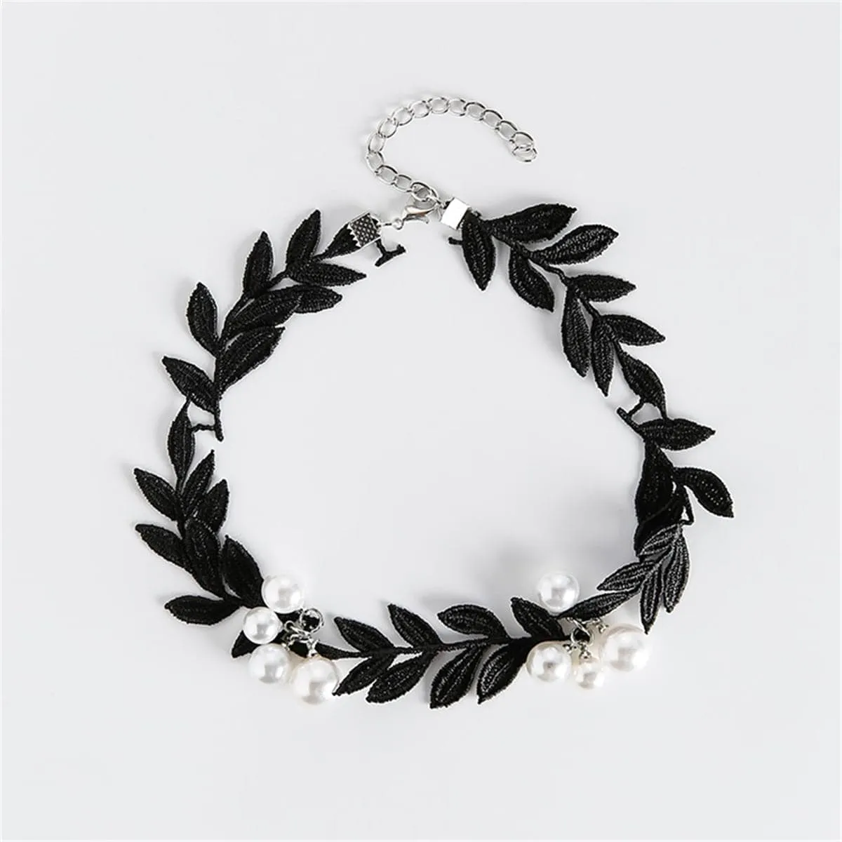 Black Lace & Pearl Leaf Choker Necklace