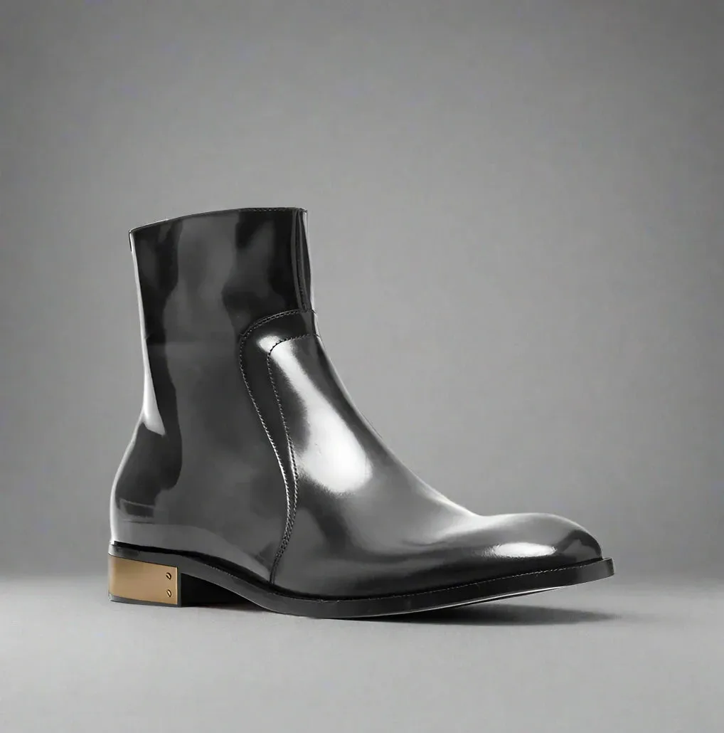 BLACK LEATHER SLIP ON MODENA CHELSEA BOOTS WITH ZIPPER AND GOLDEN HEEL PLATE - CHELSEA BOOTS