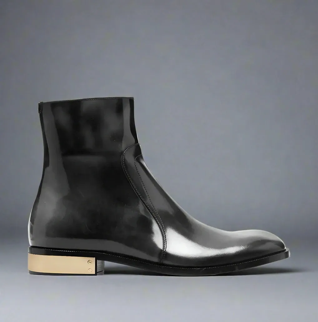 BLACK LEATHER SLIP ON MODENA CHELSEA BOOTS WITH ZIPPER AND GOLDEN HEEL PLATE - CHELSEA BOOTS