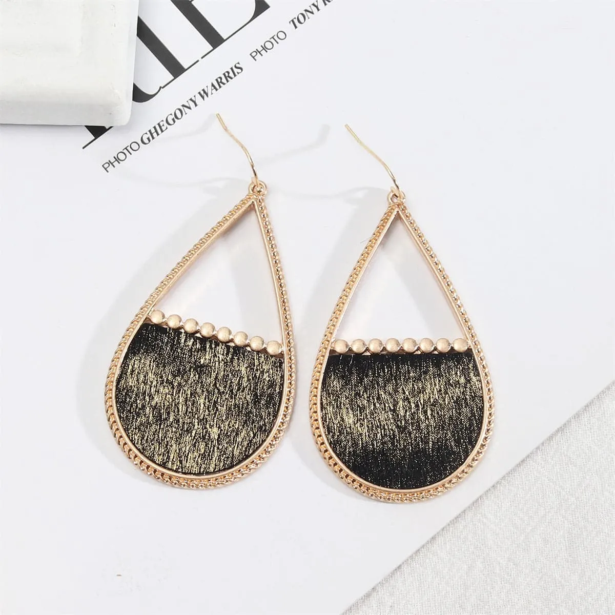 Black Polyurethane & 18K Gold-Plated Openwork Milgrain Teardrop Earrings
