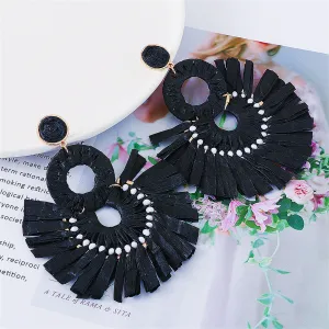 Black Raffia & 18K Gold-Plate Tiered Fringe Fan Drop Earrings