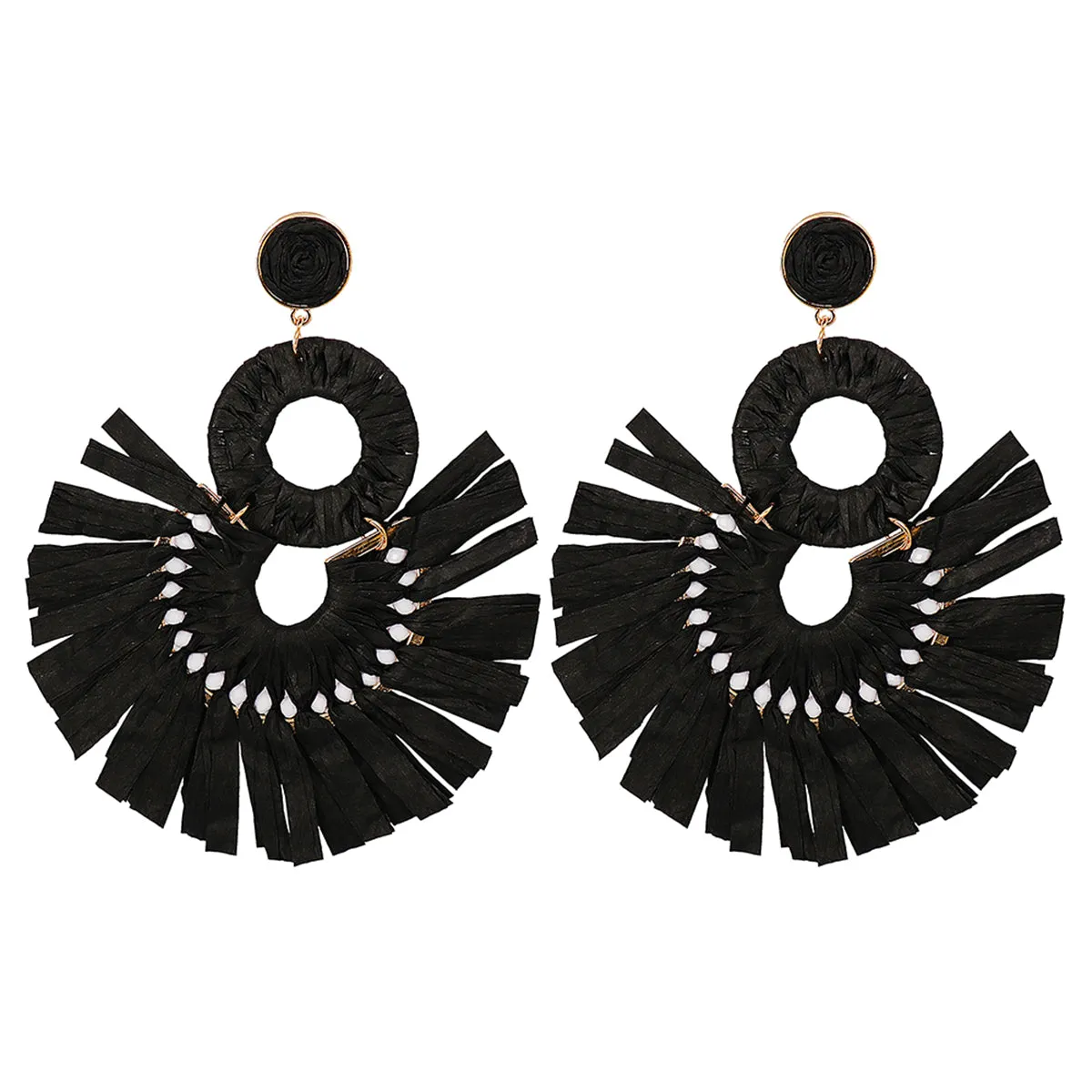 Black Raffia & 18K Gold-Plate Tiered Fringe Fan Drop Earrings