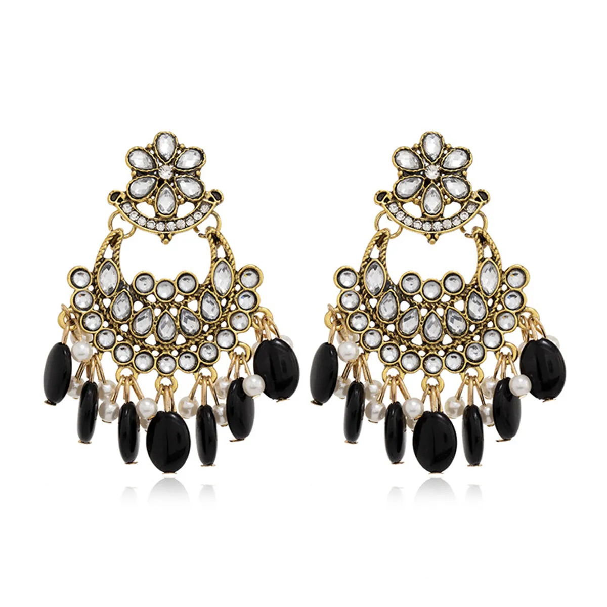 Black Resin & Crystal Cubic Zirconia 18K Gold-Plated Floral Tassel Drop Earrings