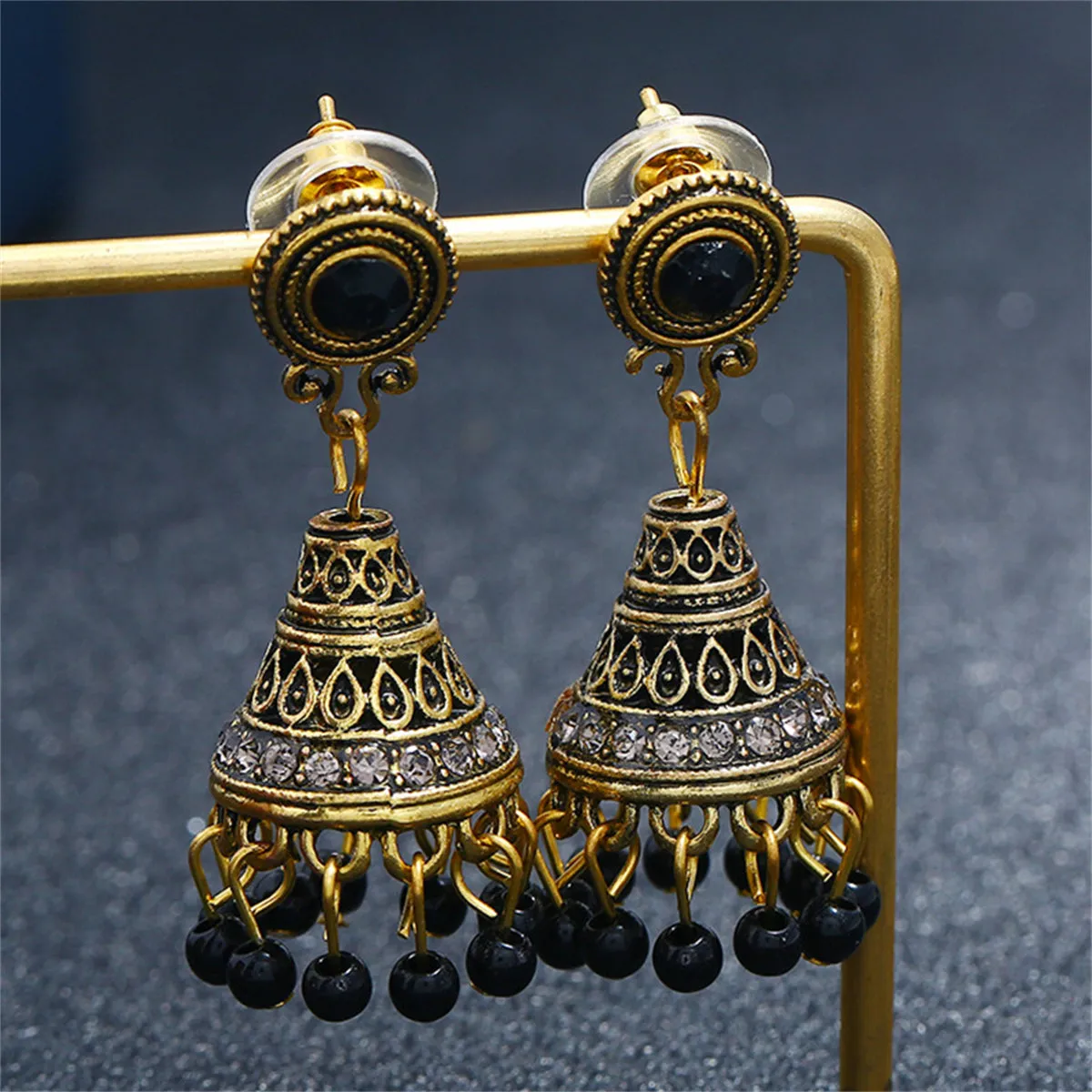 Black Resin & Cubic Zirconia Beaded Tassel Drop Earrings