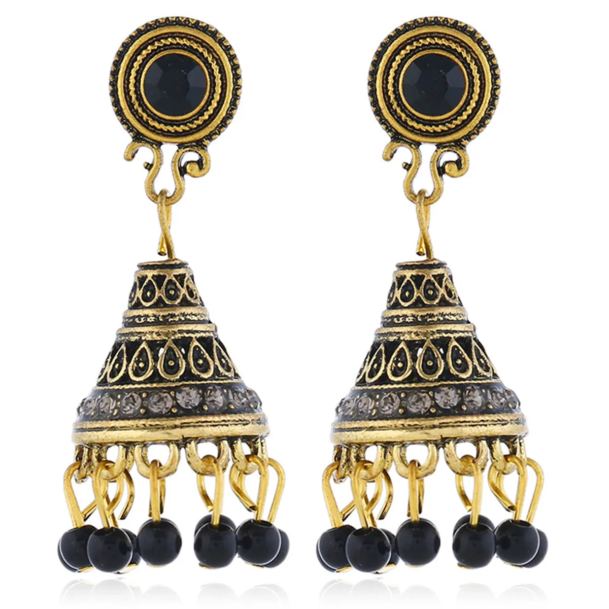 Black Resin & Cubic Zirconia Beaded Tassel Drop Earrings