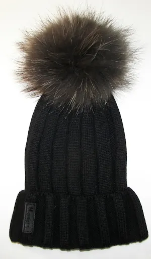 Black Ribbed Pom Pom Brown Fur Hat