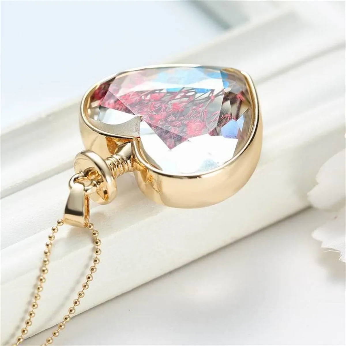 Blue & 18K Gold-Plated Pressed Flower Heart Pendant Necklace