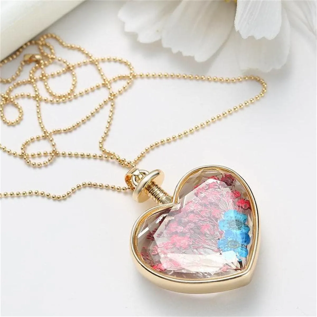 Blue & 18K Gold-Plated Pressed Flower Heart Pendant Necklace
