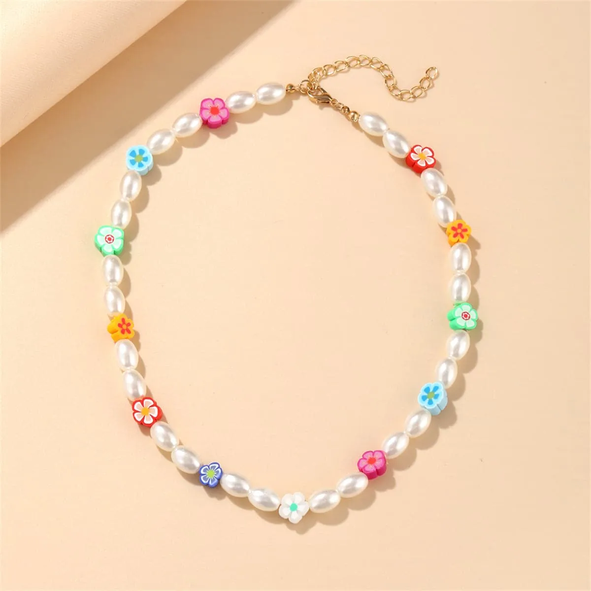 Blue & Pink Polymer Clay Floral Beaded Station Necklace