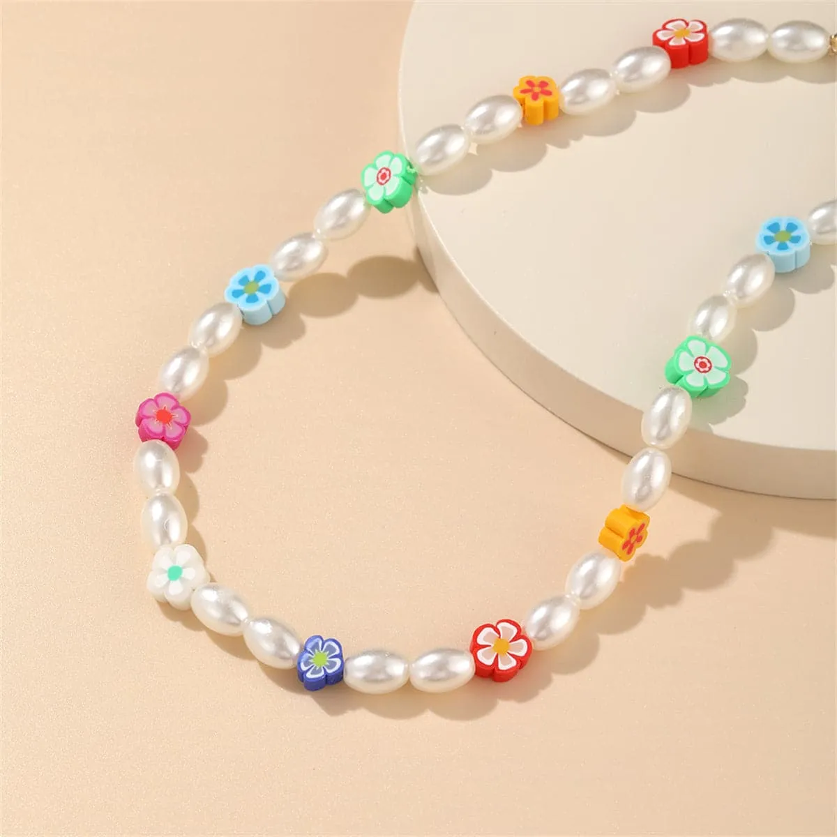 Blue & Pink Polymer Clay Floral Beaded Station Necklace