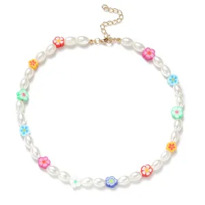 Blue & Pink Polymer Clay Floral Beaded Station Necklace