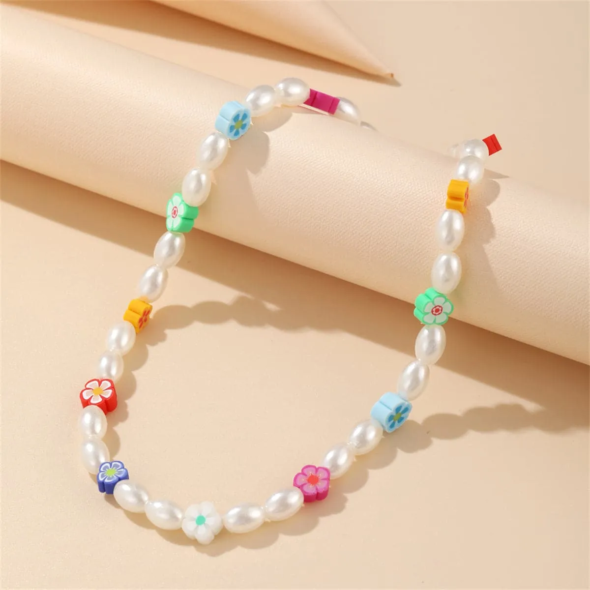 Blue & Pink Polymer Clay Floral Beaded Station Necklace