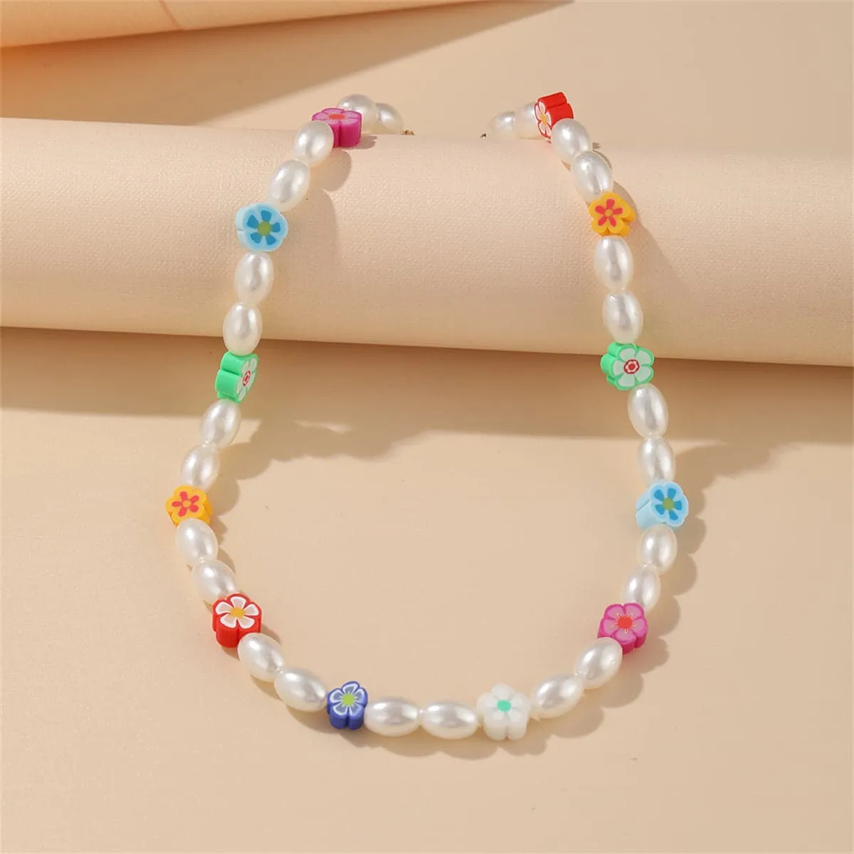 Blue & Pink Polymer Clay Floral Beaded Station Necklace