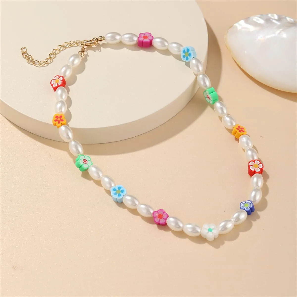 Blue & Pink Polymer Clay Floral Beaded Station Necklace
