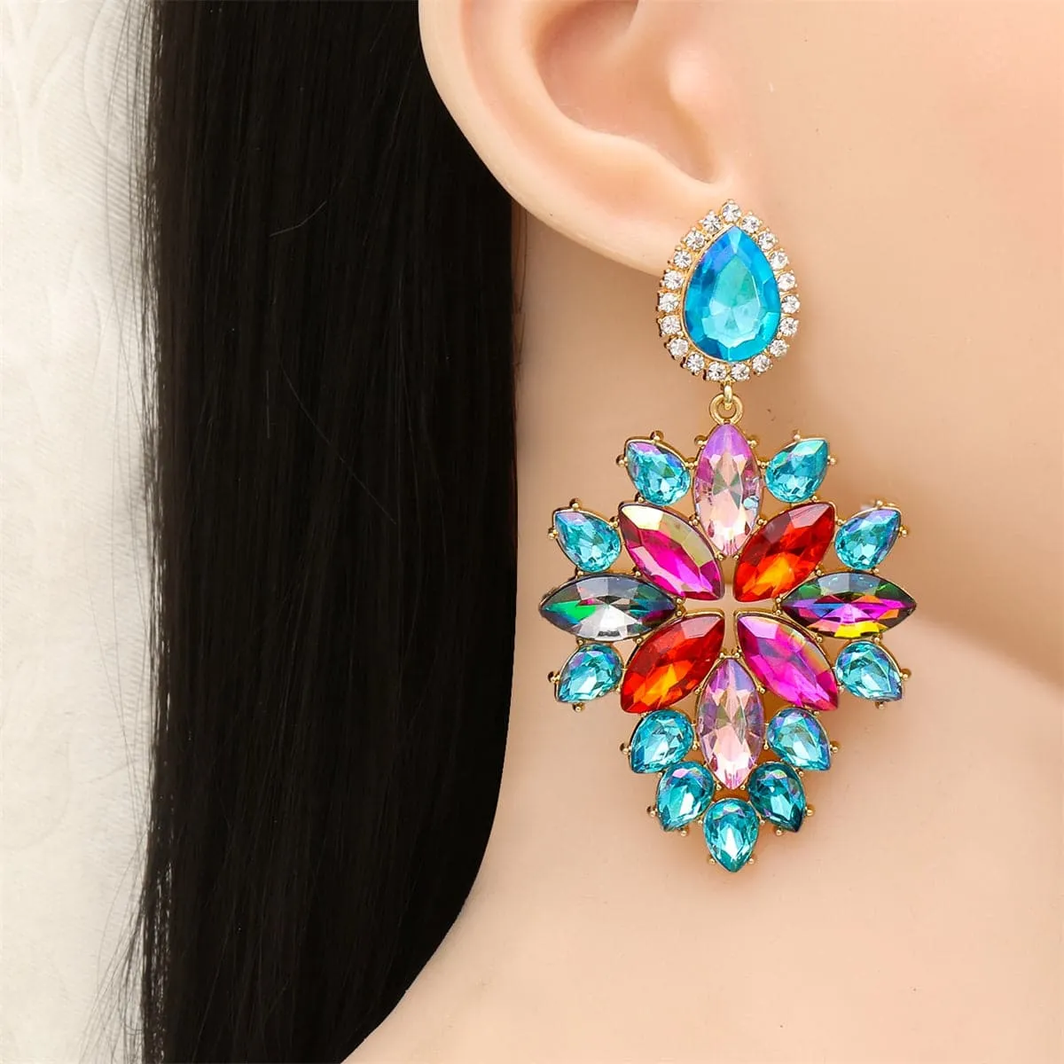 Blue & Red Crystal 18K Gold-Plated Marquise-Cut Drop Earrings