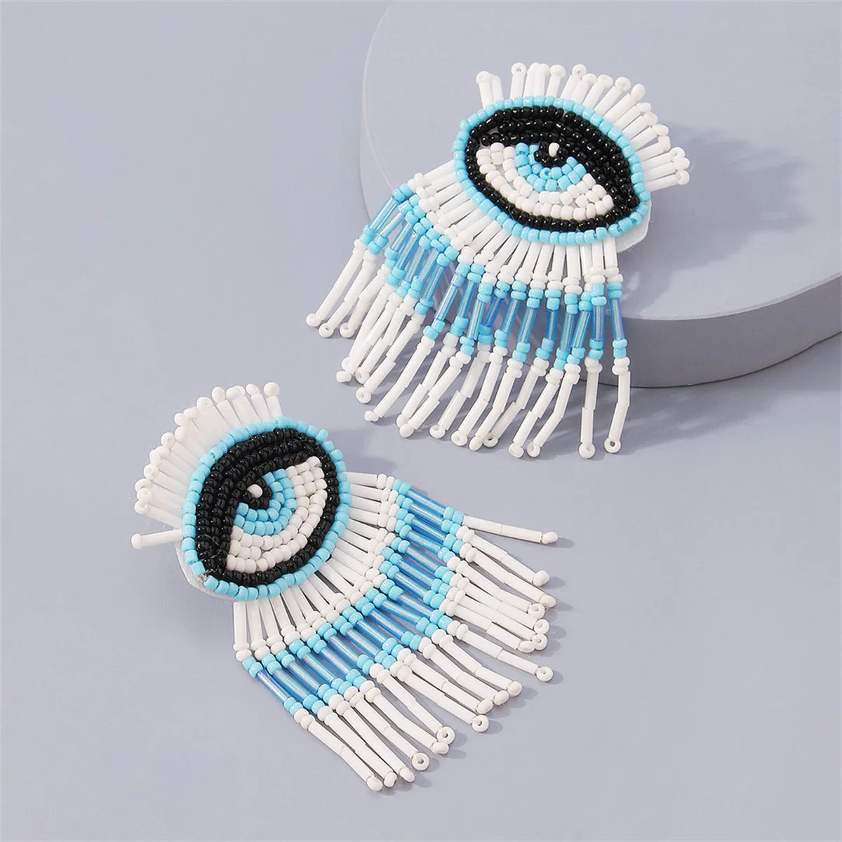 Blue & White Howlite Eye Tassel Drop Earrings