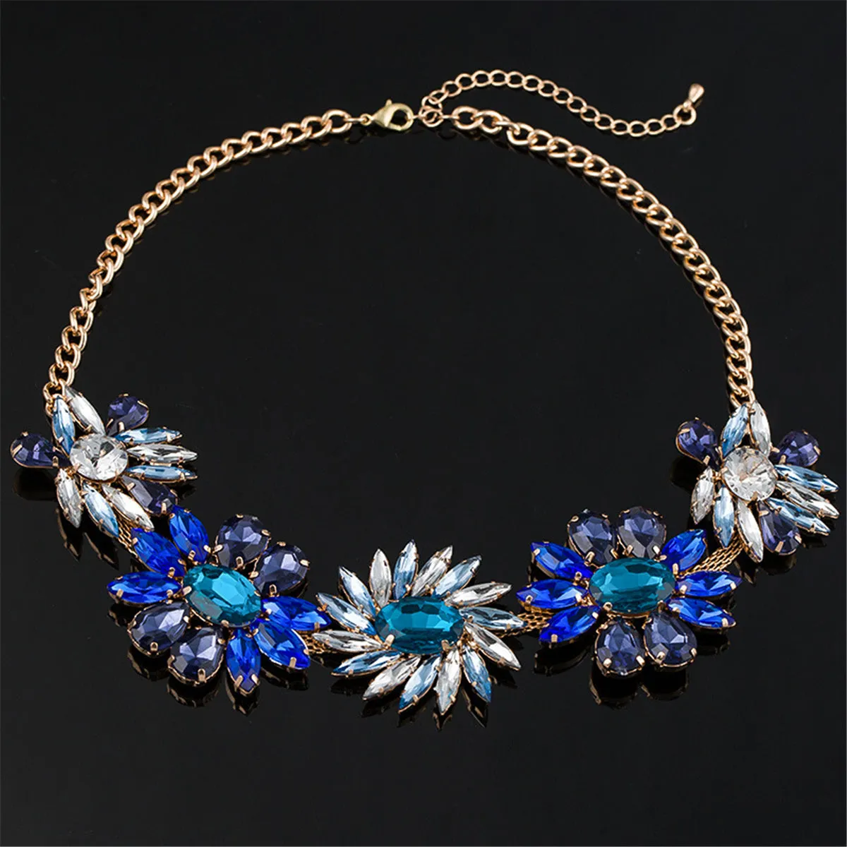 Blue Crystal & 18K Gold-Plated Flower Cluster Statement Necklace