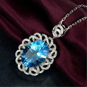 Blue Crystal & Cubic Zirconia Floral Filigree Pendant Necklace
