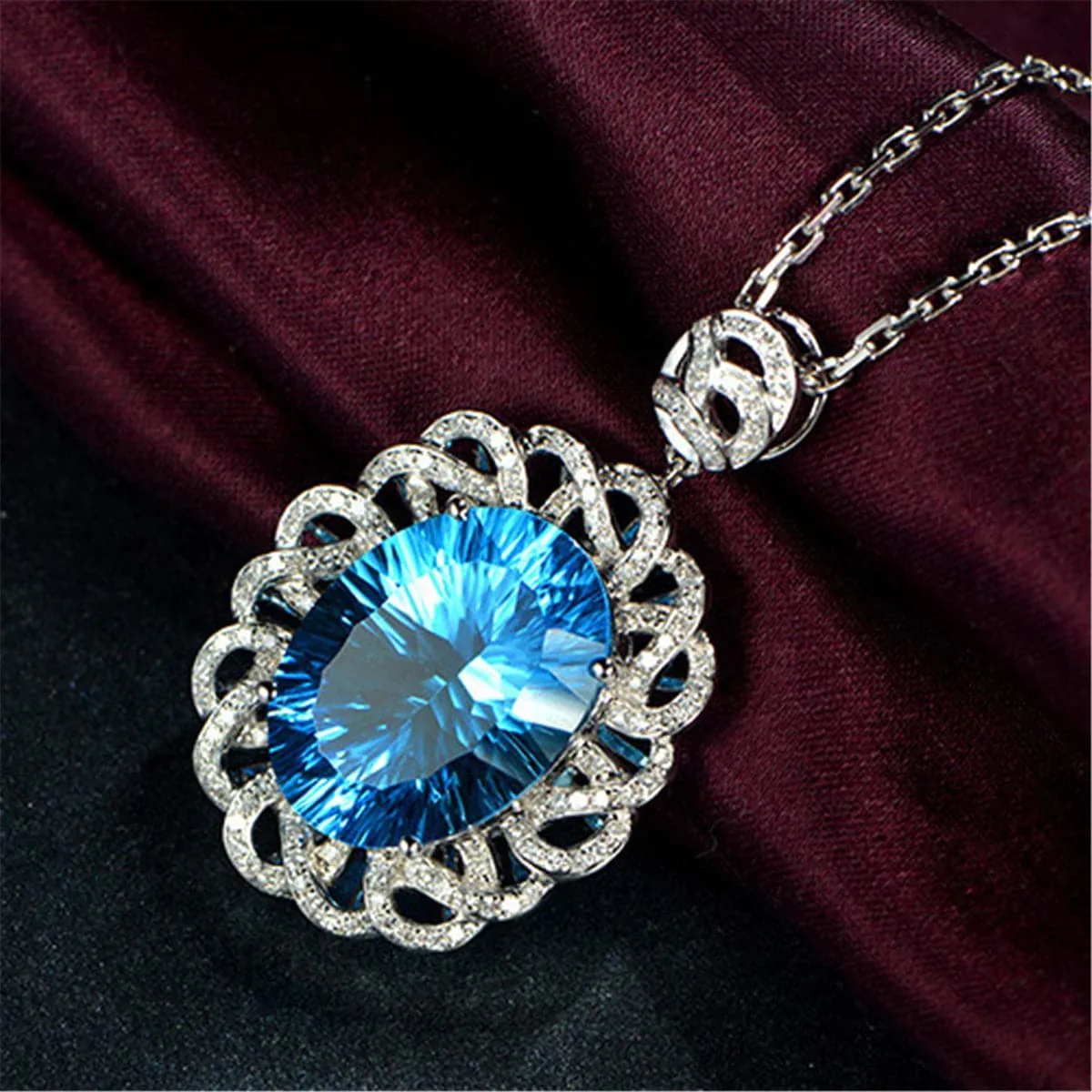 Blue Crystal & Cubic Zirconia Floral Filigree Pendant Necklace
