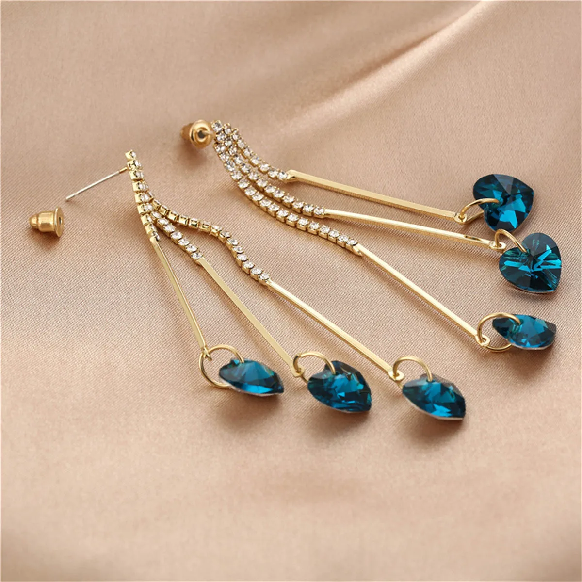 Blue Crystal & Cubic Zirconia Heart Tassel Drop Earrings