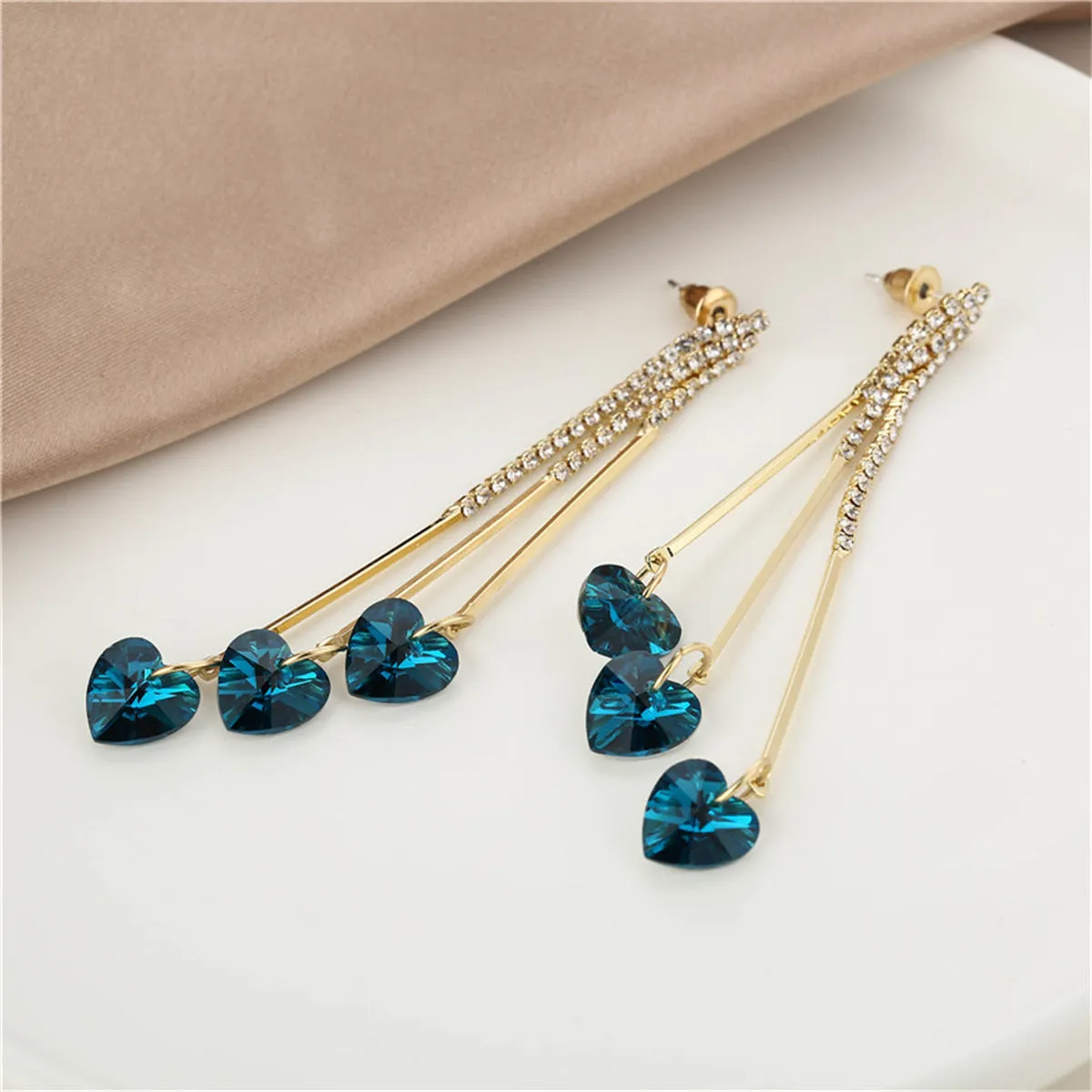 Blue Crystal & Cubic Zirconia Heart Tassel Drop Earrings