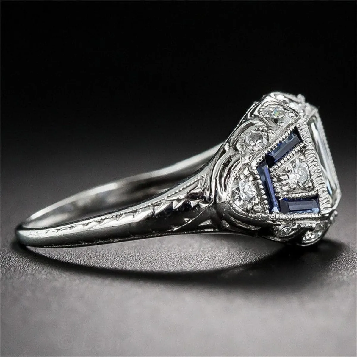 Blue Crystal & Cubic Zirconia Milgrain Ring
