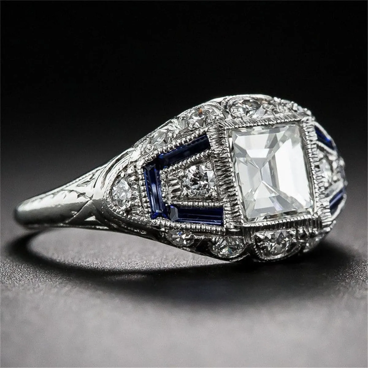 Blue Crystal & Cubic Zirconia Milgrain Ring
