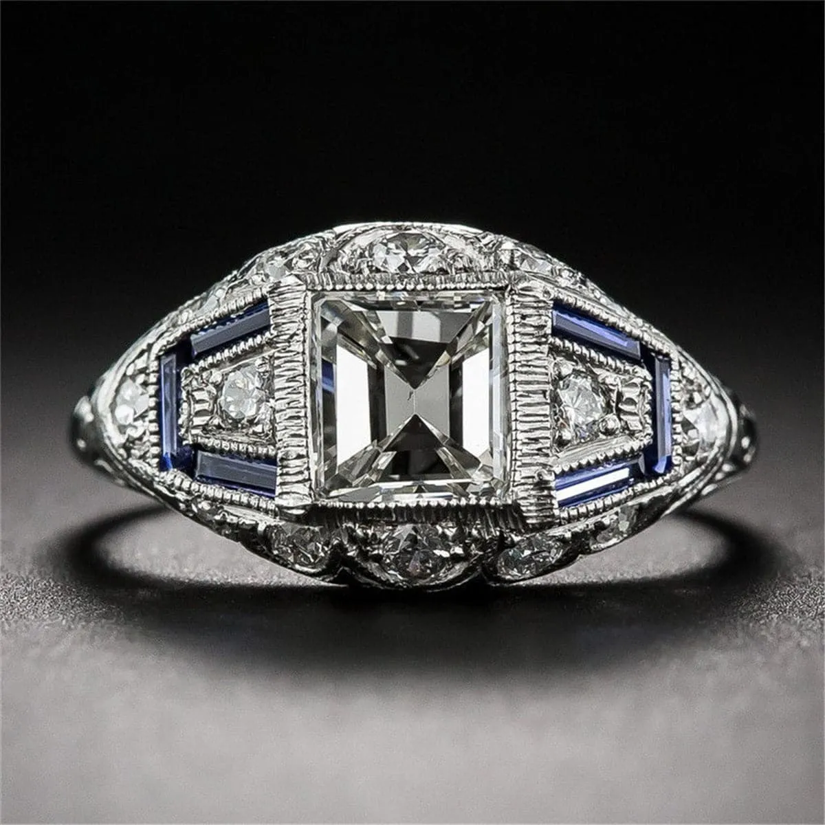 Blue Crystal & Cubic Zirconia Milgrain Ring