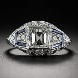 Blue Crystal & Cubic Zirconia Milgrain Ring