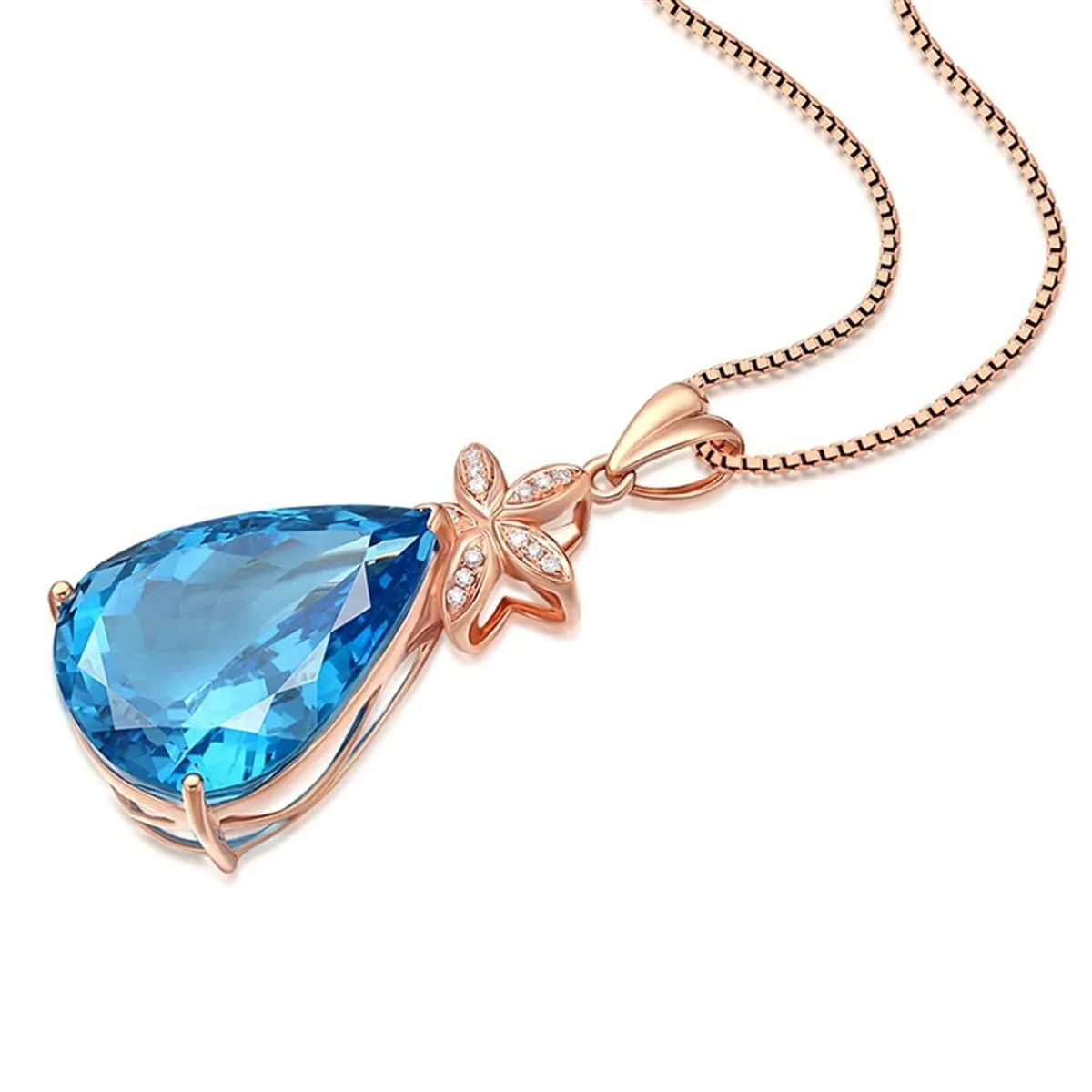 Blue Crystal & Cubic Zirconia Pear Cut Flower Pendant Necklace