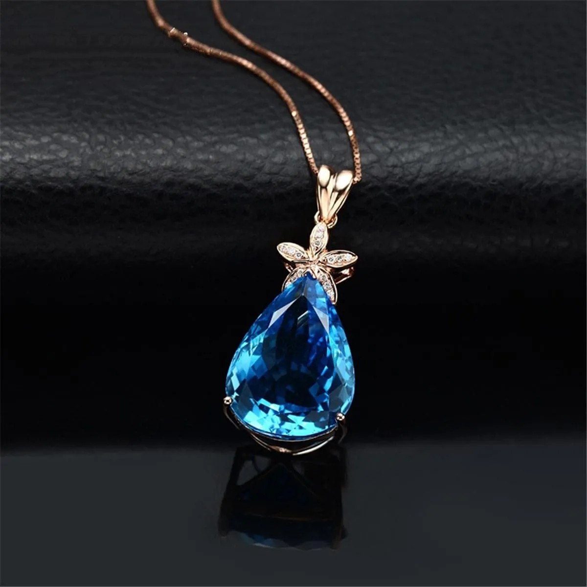 Blue Crystal & Cubic Zirconia Pear Cut Flower Pendant Necklace
