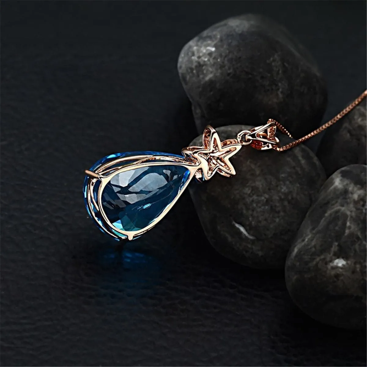 Blue Crystal & Cubic Zirconia Pear Cut Flower Pendant Necklace