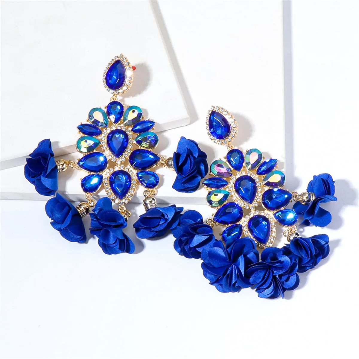 Blue Crystal & Cubic Zirconia Silk 18K Gold-Plated Flower Tassel Drop Earrings
