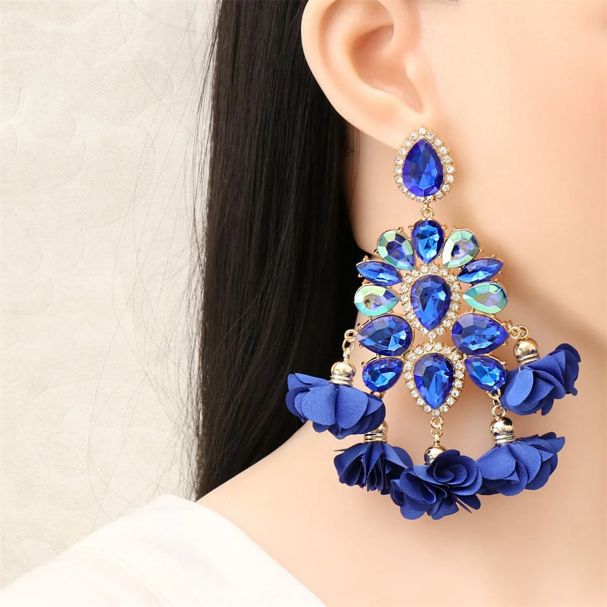 Blue Crystal & Cubic Zirconia Silk 18K Gold-Plated Flower Tassel Drop Earrings