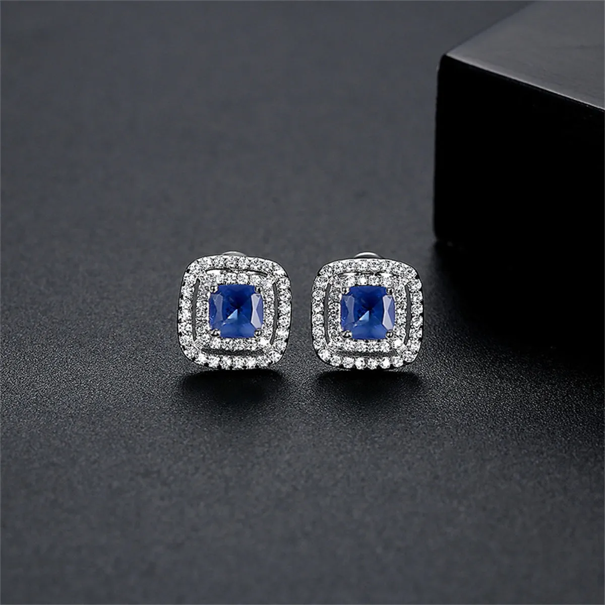 Blue Crystal & Cubic Zirconia Silver-Plated Halo Square Stud Earrings