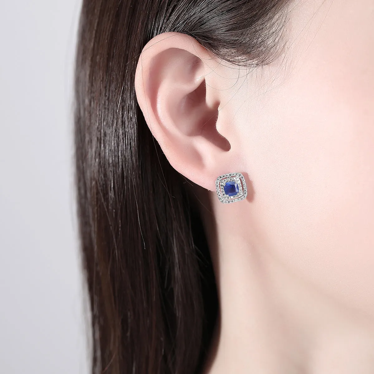 Blue Crystal & Cubic Zirconia Silver-Plated Halo Square Stud Earrings