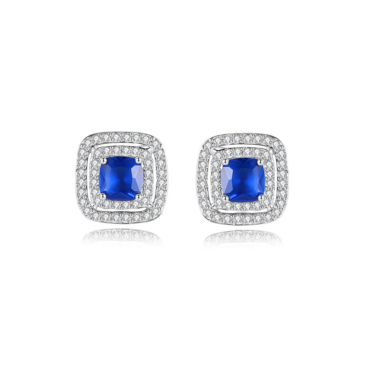 Blue Crystal & Cubic Zirconia Silver-Plated Halo Square Stud Earrings