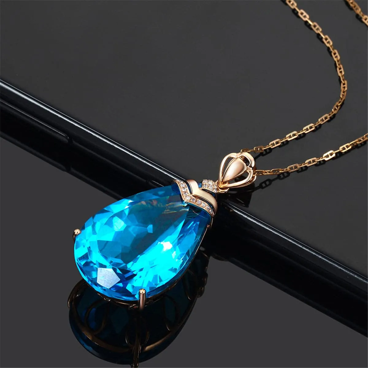 Blue Crystal & Cubic Zirconia Teardrop Pendant Necklace