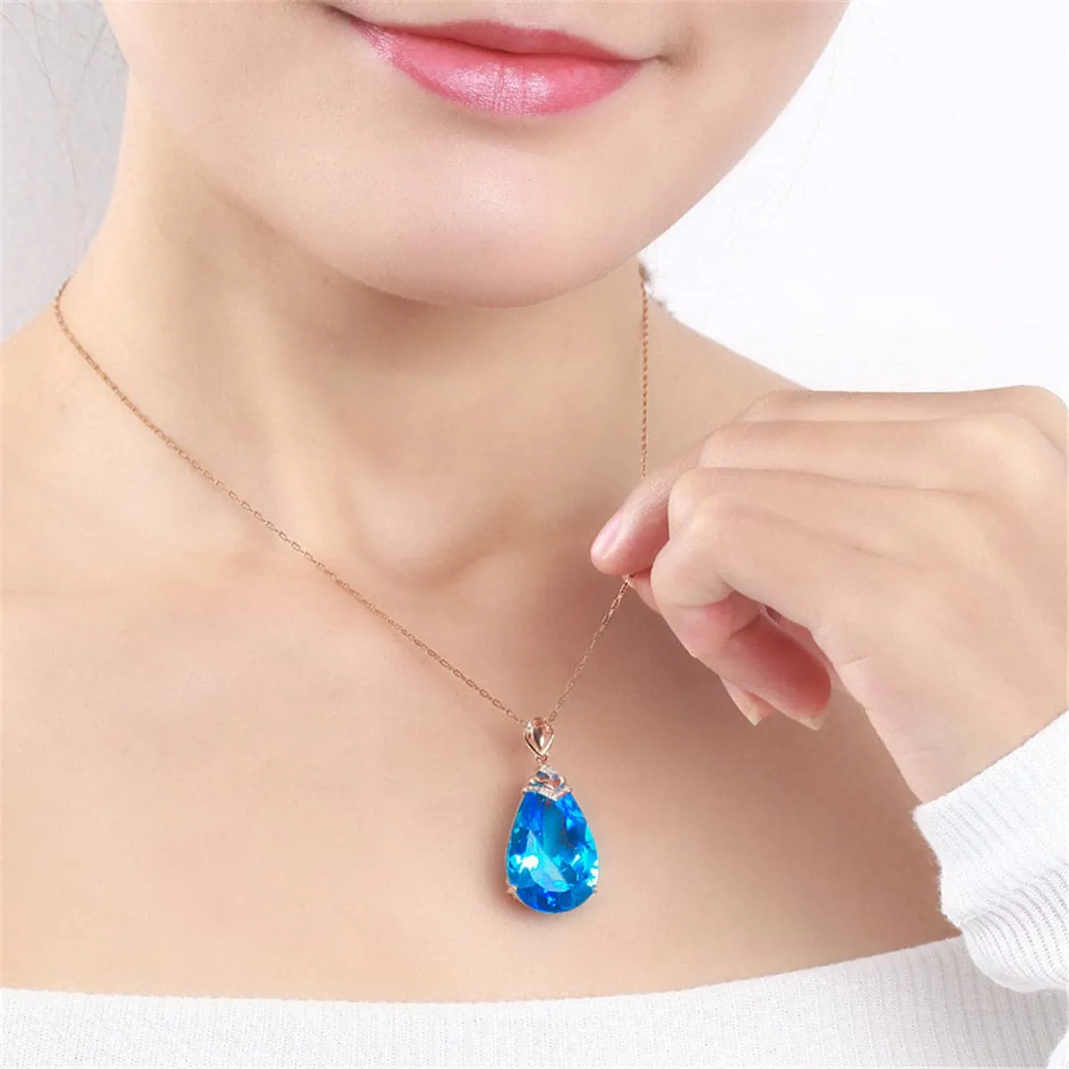 Blue Crystal & Cubic Zirconia Teardrop Pendant Necklace