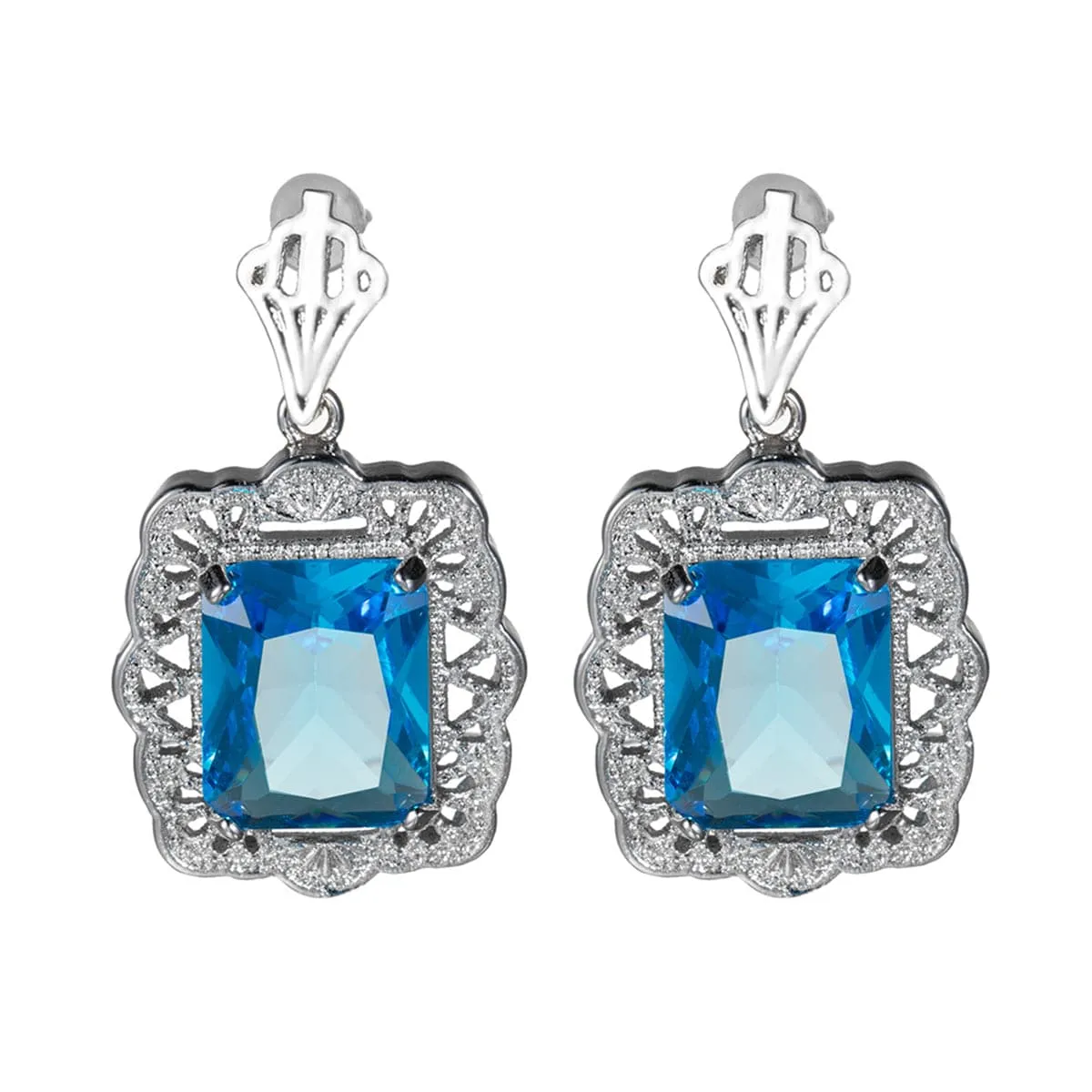 Blue Crystal & Silver-Plated Floral Radiant-Cut Drop Earrings