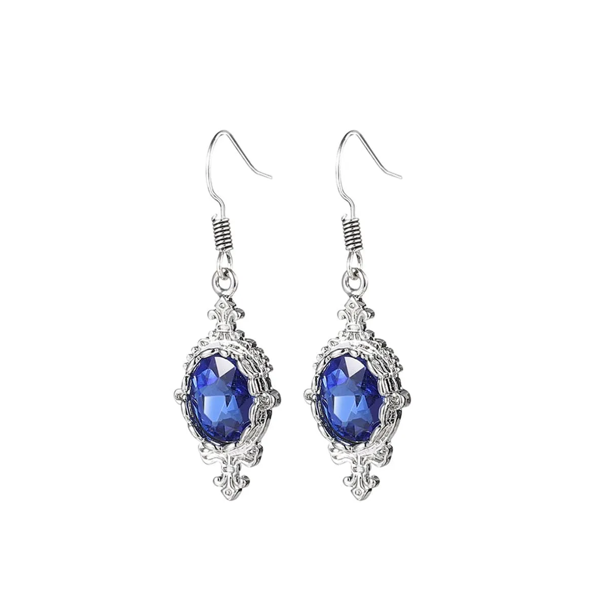 Blue Crystal & Silver-Plated Oval Engraved Drop Earrings